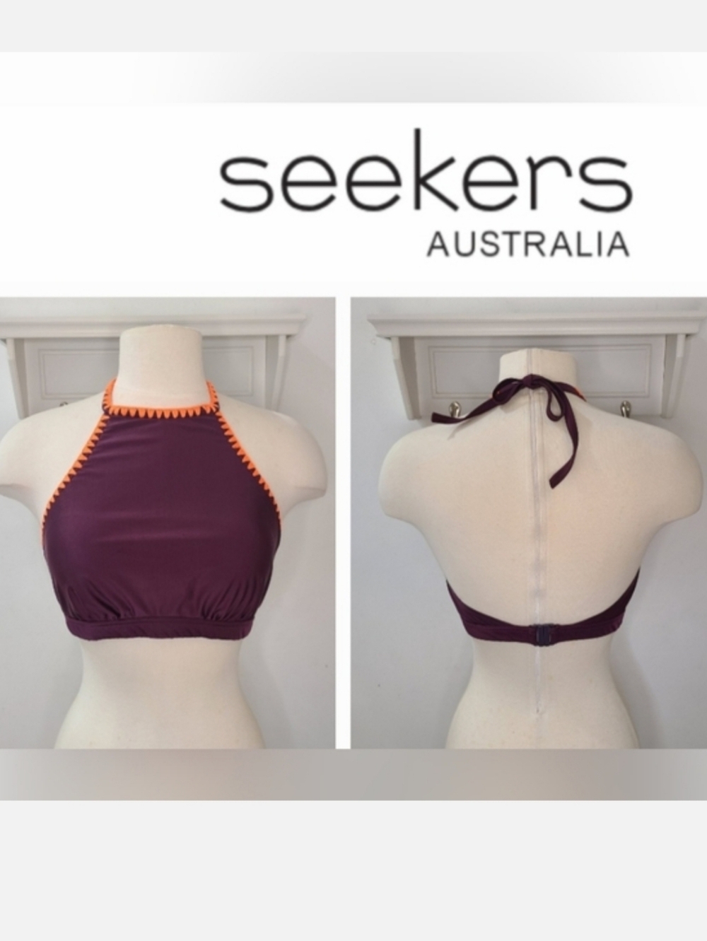 Seekers Australia High Neck Bikini Top Burgundy/Orange Whipstitch Halter Sz 10